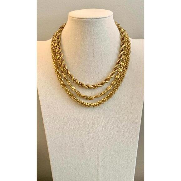 vintage Jewelry - Vintage Layered Mixed-Link Chain Necklace - Three Distinct Gold-Finish Strands